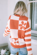 Load image into Gallery viewer, Brown Checkered Floral Print Striped Sleeve Sweater
