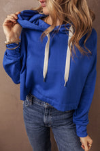 Load image into Gallery viewer, Dark Blue Solid Drop Shoulder Drawstring Cropped Hoodie
