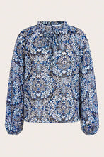 Load image into Gallery viewer, Blue Tribal Print Lace-up Frilled Neck Puff Sleeve Blouse
