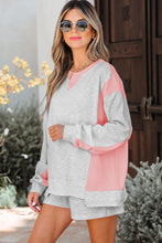 Load image into Gallery viewer, Light Grey Color Block Raw Hem Pullover and Casual Shorts Set
