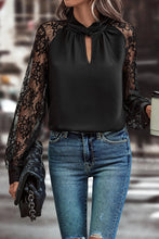 Load image into Gallery viewer, Black Keyhole Neckline Floral Lace Raglan Sleeve Blouse
