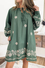 Load image into Gallery viewer, Mist Green Tie Neck Boho Floral Pattern Puff Sleeve Shift Dress
