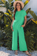 Load image into Gallery viewer, Bright Green Solid Corded Knit Short Sleeve T Shirt and Wide Leg Pants Set
