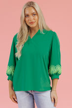 Load image into Gallery viewer, Green Contrast Floral Embroidered 3/4 Sleeve Notched V Neck Elegant Blouse
