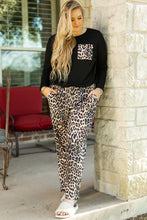 Load image into Gallery viewer, Black Leopard Patched Pocket Long Sleeve Top Plus Size Pants Set
