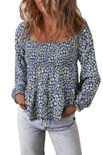 Load image into Gallery viewer, Blue Boho Floral Print Smocked Square Neck Loose Fit Blouse
