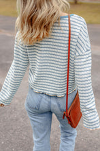 Load image into Gallery viewer, Sky Blue Stripe Textured Frilly Trim Buttons Henley Long Sleeve Top
