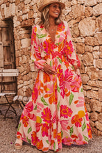 Load image into Gallery viewer, Beige Floral Print Smocked Detail V Neck Puff Sleeve Flowy Maxi Dress
