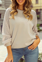 Load image into Gallery viewer, Parchment Eyelet Knit Patchwork Raglan Sleeve Pullover Top
