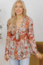 Load image into Gallery viewer, Orange Floral Print Deep V Neck Knot Bell Sleeve Blouse
