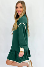 Load image into Gallery viewer, Evergreen Contrast Trim Zip Collar Long Sleeve Ruffle Hem Mini Dress
