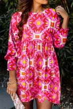 Load image into Gallery viewer, Strawberry Pink Geometric Print Smocked Long Sleeve Mini Dress
