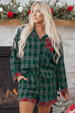 Load image into Gallery viewer, Green Plaid Contrast Patched Christmas Holiday Long Sleeve Shirt and Short 2pcs Pajama Set
