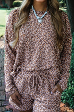 Load image into Gallery viewer, Khaki Leopard Ribbed Long Sleeve Top Drawstring Shorts 2pcs Outfit
