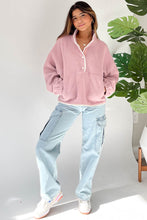 Load image into Gallery viewer, Fushia Stand Neck Half Button Zip Pocket Plush Sweatshirt
