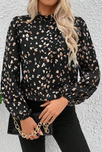 Load image into Gallery viewer, Black Leopard Print Lantern Sleeve Mock Neck Pleated Blouse
