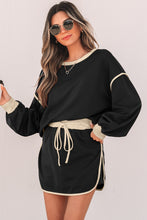 Load image into Gallery viewer, Black Color Contrast Loose Pullover and Lace-up Waist Skort Set
