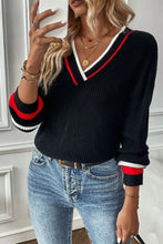 Load image into Gallery viewer, Black Contrast Striped Trim V Neck Drop Shoulder Sweater
