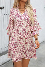 Load image into Gallery viewer, Pink Paisley Print Tiered 3/4 Sleeve Notched Neck Mini Dress
