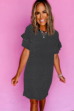 Load image into Gallery viewer, Black Stripe Ruffled Short Sleeve Crew Neck T Shirt Shift Mini Dress
