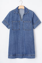 Load image into Gallery viewer, Blue Short Sleeve Collared Patched Pocket Denim Mini Dress
