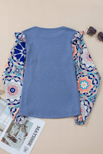 Load image into Gallery viewer, Ashleigh Blue Ruffled Floral Sleeve Patchwork Waffle Knit O Neck Blouse
