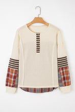 Load image into Gallery viewer, Beige Waffle Stripe Plaid Patchwork Henley Knit Top
