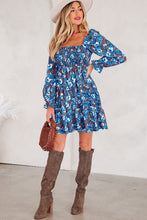 Load image into Gallery viewer, Blue Smocked Bodice High Waist Ruffled Sleeve Floral Dress
