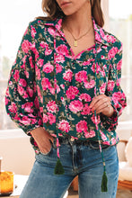 Load image into Gallery viewer, Green Floral Printed Tied Collar Puff Sleeve Blouse
