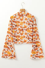 Load image into Gallery viewer, Orange Floral Printed Bell Sleeve Mock Neck Scallop Trim Blouse
