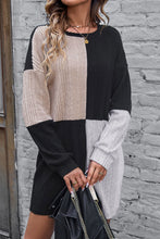 Load image into Gallery viewer, Black Ribbed Color Block Drop Shoulder Long Sleeve Mini Dress
