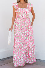 Load image into Gallery viewer, Pink Floral Print Square Neck Ruffled Strap Maxi Dress
