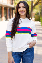 Load image into Gallery viewer, White Colorful Striped Accent Long Sleeve T Shirt
