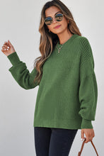 Load image into Gallery viewer, Vineyard Green Solid Color Mixed Textured Knitted Crew Neck Sweater
