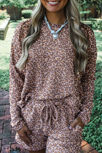 Load image into Gallery viewer, Khaki Leopard Ribbed Long Sleeve Top Drawstring Shorts 2pcs Outfit
