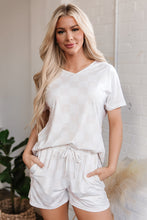 Load image into Gallery viewer, Beige Checkered V Neck Tee Drawstring Shorts Lounge Set
