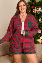 Load image into Gallery viewer, Red Plus Size Plaid Contrast Patchwork Long Sleeve Shirt and Shorts 2pcs Pajama Set
