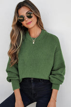 Load image into Gallery viewer, Vineyard Green Solid Color Mixed Textured Knitted Crew Neck Sweater
