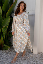 Load image into Gallery viewer, Khaki Maple Grove Floral Smocked Puff Sleeve Long Dress

