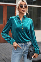 Load image into Gallery viewer, Green Frilled Neck Buttoned Front Velvet Top
