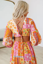 Load image into Gallery viewer, Orange Floral Patchwork Print Cut out Tied Back Bracelet Sleeve Maxi Dress

