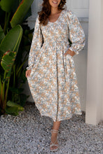Load image into Gallery viewer, Khaki Maple Grove Floral Smocked Puff Sleeve Long Dress
