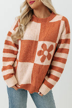 Load image into Gallery viewer, Brown Checkered Floral Print Striped Sleeve Sweater
