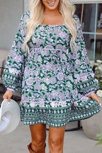 Load image into Gallery viewer, Green Floral Print Piping Trim Bubble Sleeve Square Neck Dress
