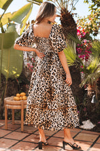 Load image into Gallery viewer, Brown Leopard Print Bubble Sleeve Square Neck Maxi Dress
