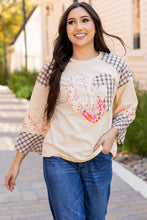 Load image into Gallery viewer, Beige Plaid Floral Peace Heart Graphic Wide Long Sleeve Top

