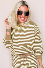 Load image into Gallery viewer, Brown Stripe Textured Drop Shoulder Pullover Top Drawstring Mini Skirt Two Piece Dress Set
