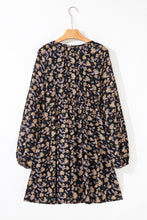 Load image into Gallery viewer, Black Floral Deep V Neck Smocked Bust Bubble Sleeve Babydoll Dress
