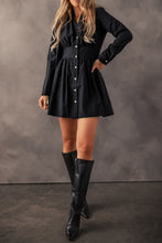 Load image into Gallery viewer, Black Elastic Cinched High Waist Long Sleeve Shirt Mini Dress
