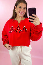 Load image into Gallery viewer, Tomato Red Christmas Tree Embroidered Notched Neck Cropped Sweatshirt
